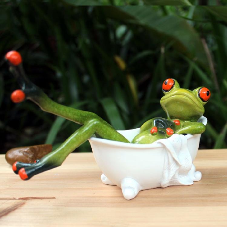 Cute Bathtub Bathing for Frog Art Sculpture Animal Figurine Ornament for Room De