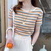 2025 Summer Striped Short-Sleeve Slim-Fit Korean T-Shirt for Women