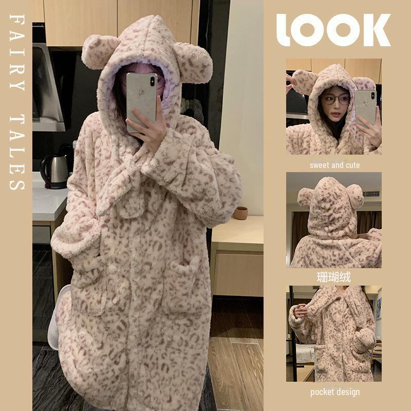 

Женский зимний флисовый пижамный комплект с леопардовым принтом, ночная рубашка с капюшоном и брюки Extra Large