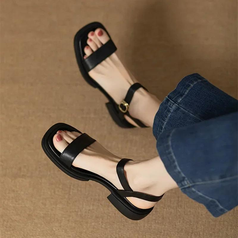 Fashion Summer Flat Sandals Women Ankle-Wrap Open Toe Square Low Heel Shoes Slingback Anti-slip Soft Sole Sandals Sandalias De Mujer