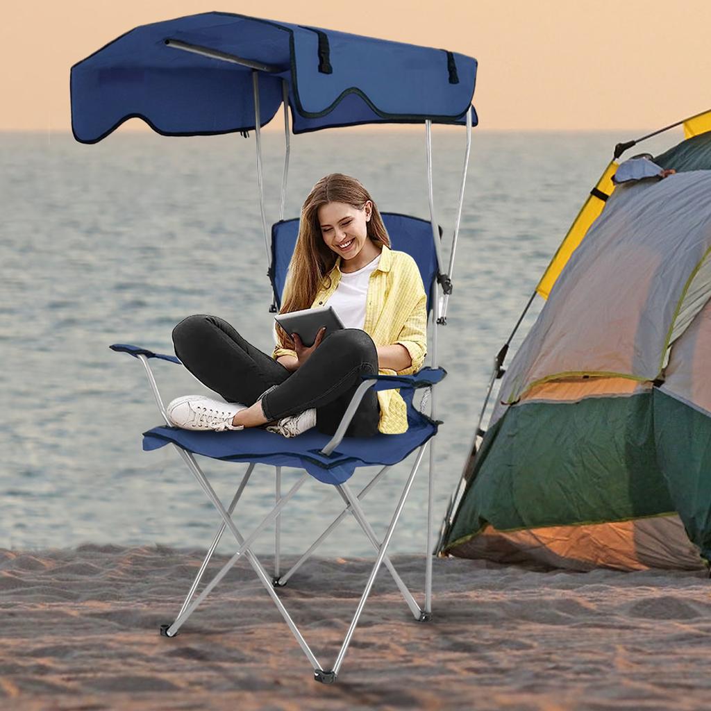 Outdoor Single Chair with Ceiling & Cup Holder Large Camping Lawn Chair Sun Protection Folding Fishing Chair for Poolside Travel