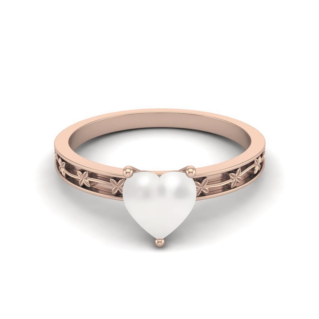 925 Sterling Silver Rose Vermeil 0.75 Cts Heart Shape Pearl Solitaire Flower Engraved Shank Wedding Women Ring