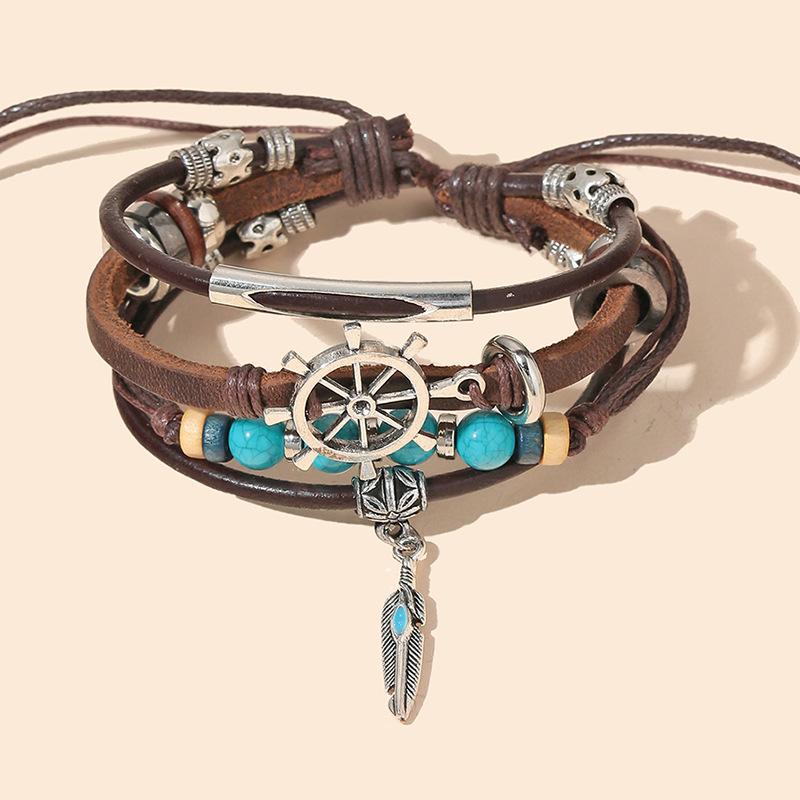 Vintage Cowhide Jewelry, New Turquoise Multi-layer Leather Bracelet, Genuine Leather Feather Bracelet.