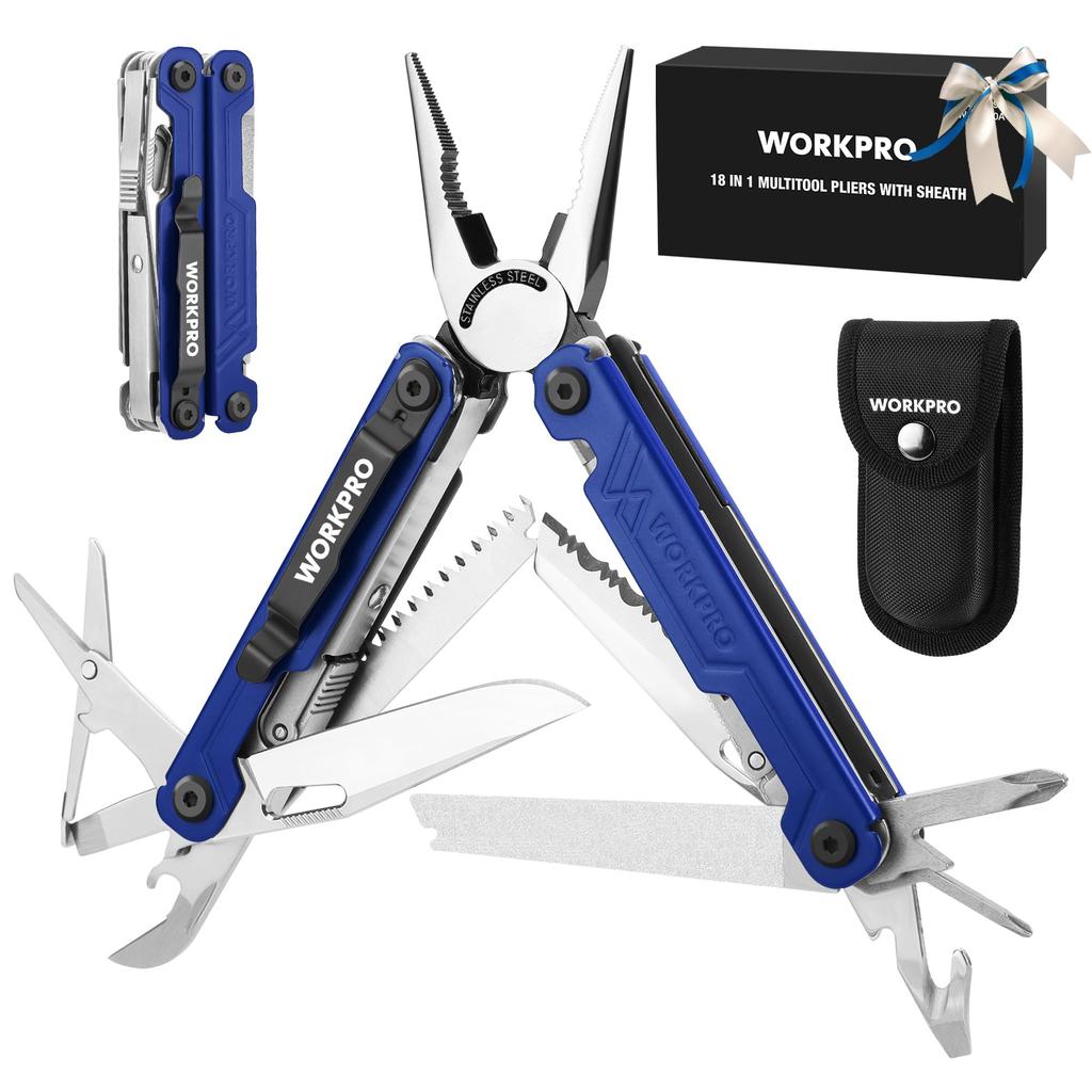 WORKPRO Multi-function Pliers, Outdoor Multi-Tool, Multi-Pliers, 18-in-1, Folding Pliers, Wire Cutter, Saw, File, Screwdriver, Can Opener, Locking