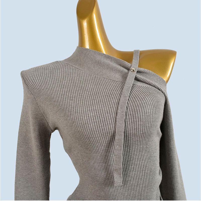 Glutinous Sexy off-the-Shoulder Knitted Bottoming Shirt Women's Long Sleeve Autumn and Winter Design Asymmetric Top Western Style Inner wear Sweater