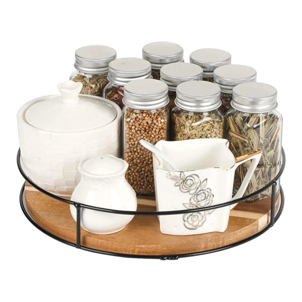 360 Degree Rotating Wooden Turntable Organizer Large Capacity Convenient Spice Jar Storage Tray Versatile Space Saving