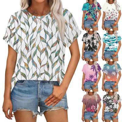 Damen Casual Mode Rundhals Umgeschlagener Saum Kurzarm Blumenoberteil