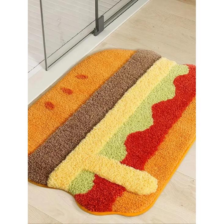 VIKAMA Fun Burger Plush Rug, Playroom 3D Creative Mat, Ultra-Soft Bedroom Floor Mat, Home Decor for Food Lovers