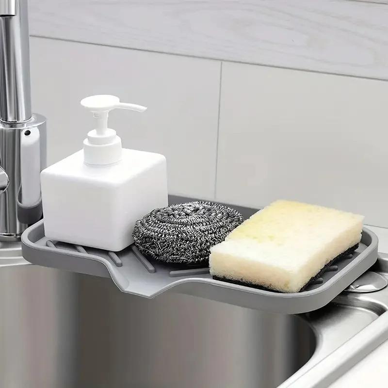 1pc Sink Silicone Tray With Drain Soap Sponge Storage Holder Countertop Sink Scrubber Brush Storage Rack Kitchen Organizer