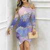 Women Plus Size Asymmetric Cold Shoulder Long Sleeve Blue Purple Gold Fluid Art Print Irregular Wrap Bodycon Midi Dress
