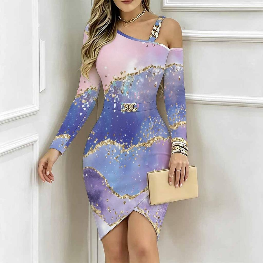 Women Plus Size Asymmetric Cold Shoulder Long Sleeve Blue Purple Gold Fluid Art Print Irregular Wrap Bodycon Midi Dress