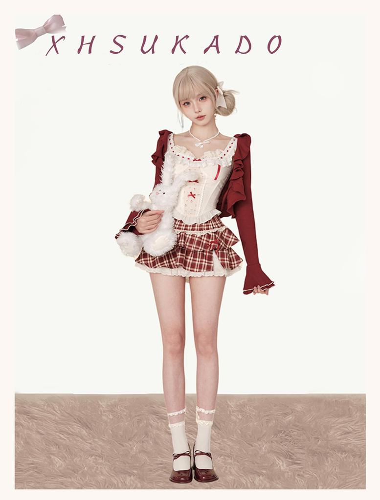 XHSUKADO Christmas and Mini Skirt with Lace Long and Ruffles for a French Tiered Red and Size Women's 3-Piece Set Cardigan, Vest, Ribbons. Sleeves,
