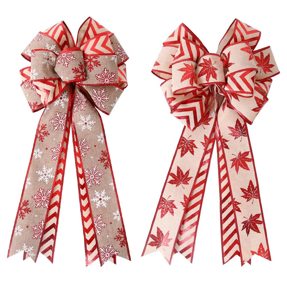 40*24cm Double Layer Large Christmas Bow Christmas Tree Topper Bow with Glitter Gold Edge Decor for Xmas Door MapleLeaf Bow Deco
