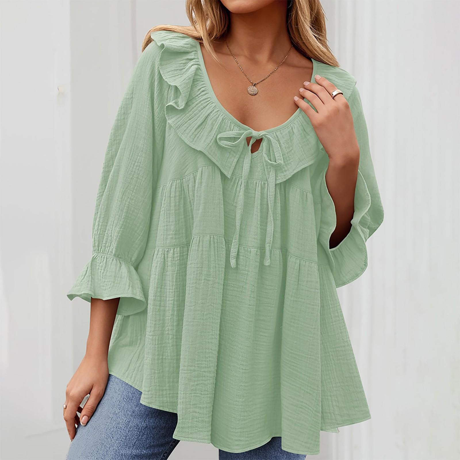 

Женская туника-рубашка с круглым вырезом, завязками спереди, складками, декорированная, многослойная, свободная, с рукавами-семью точками XL