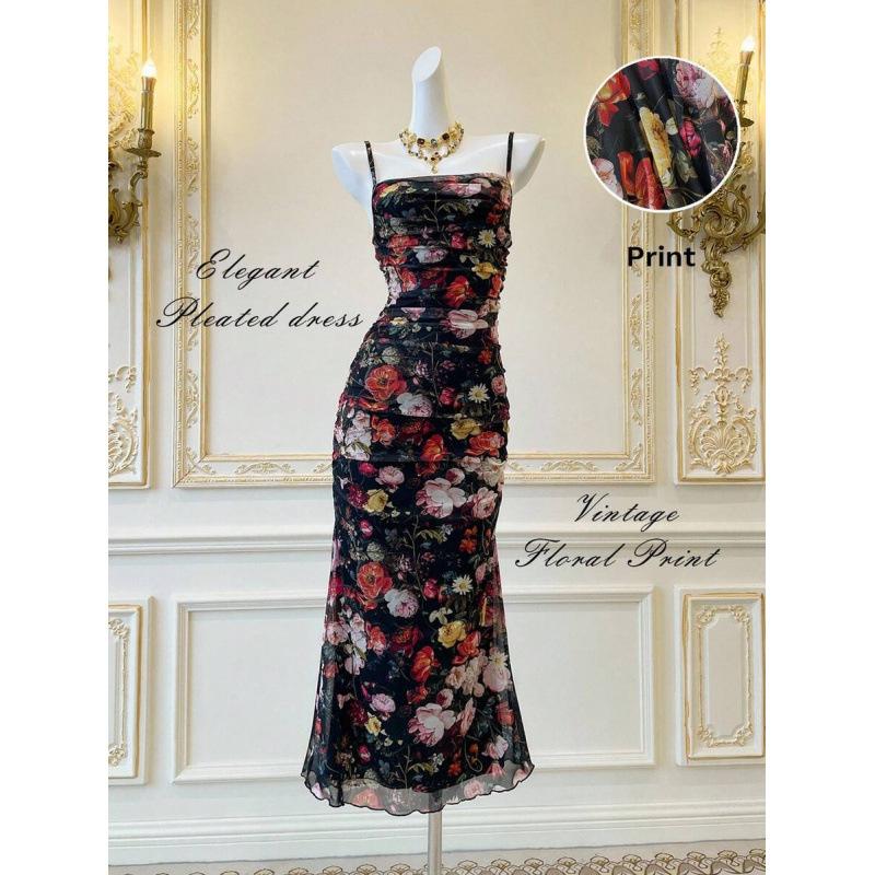 European and American summer pleated slim floral romantic elegant vacation party medium long suspender dress XXS