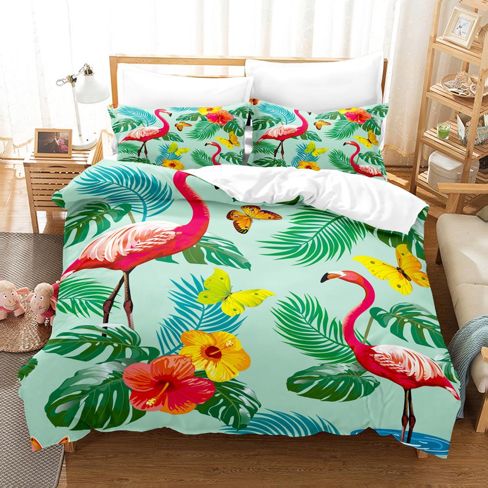 Flamingo Duvet Cover Set Palm Leaf Tropical Botanical Queen King Polyester Bedding