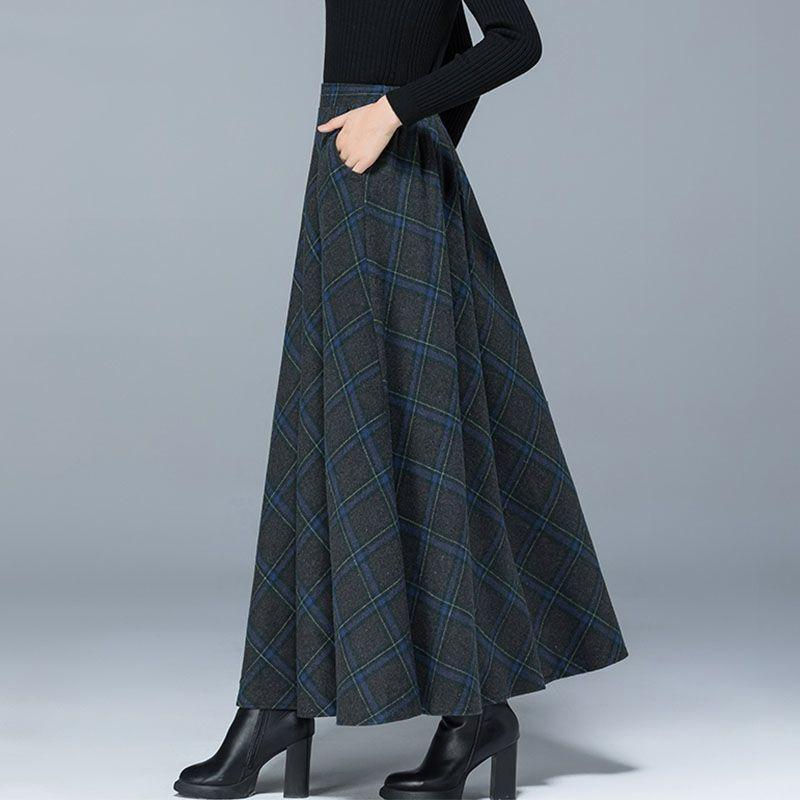 Winter New Fashion Versatile High Waist Woolen Half Skirt Women's Printed Plaid Patchwork Pockets Warm A-line Large Swing Skirt