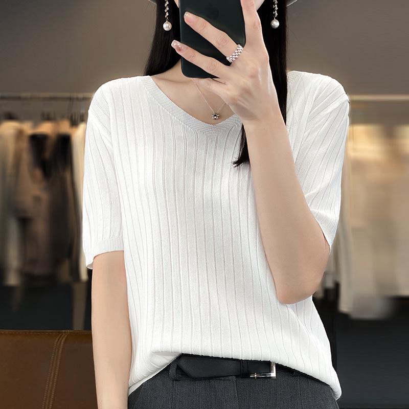 

Summer V-Neck Ice Silk Short Sleeve Women s T-Shirt L for 52-60 kg