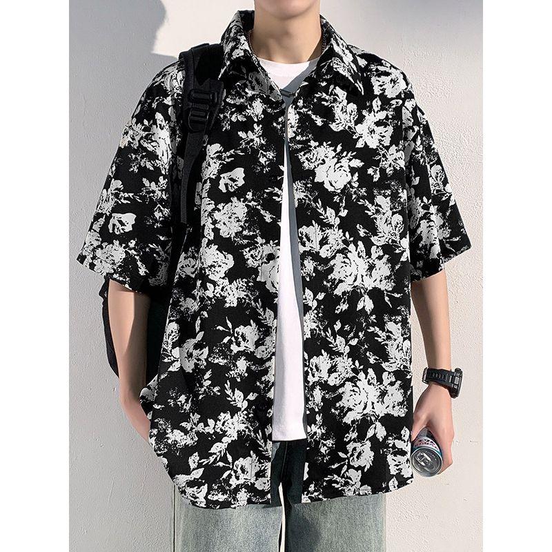 Japanese-Style Vintage Floral Full-Print Shirt for Men, Summer High-End Casual Loose Short-Sleeve Shirt