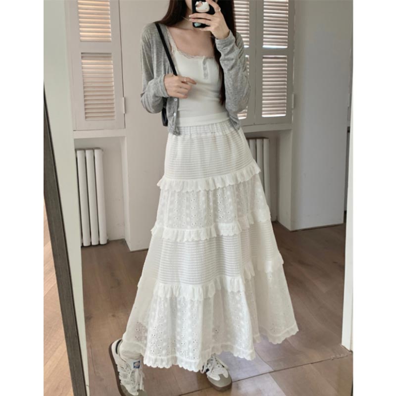 Lace White Long Skirt for Women Spring Summer High Waist A-Line Skirt Sweet A Line Cake Midi Skirts Y2k Female Clothing