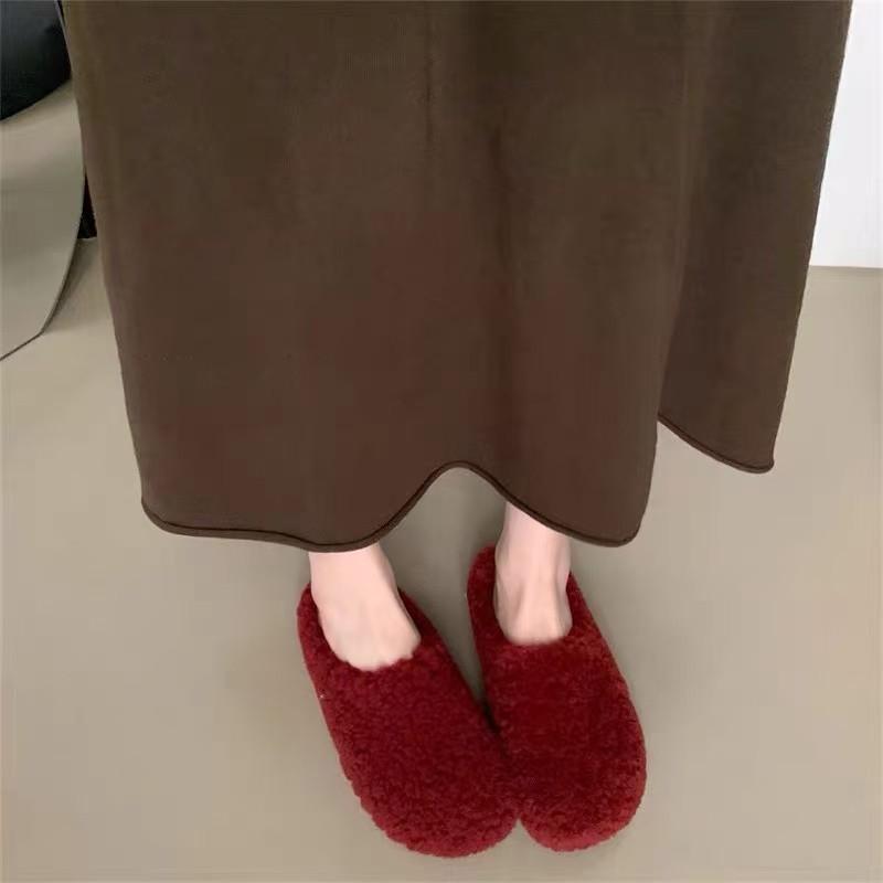 Retro lamb wool plush slippers female 2025 autumn and winter new bag head drag fairy lazy cotton drag one pedal