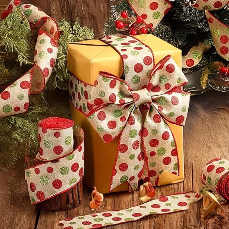 5Yards Round Dot Burlap Ribbon With Wire Edges For Christmas Tree Decorations Crafts Gift Wrapping