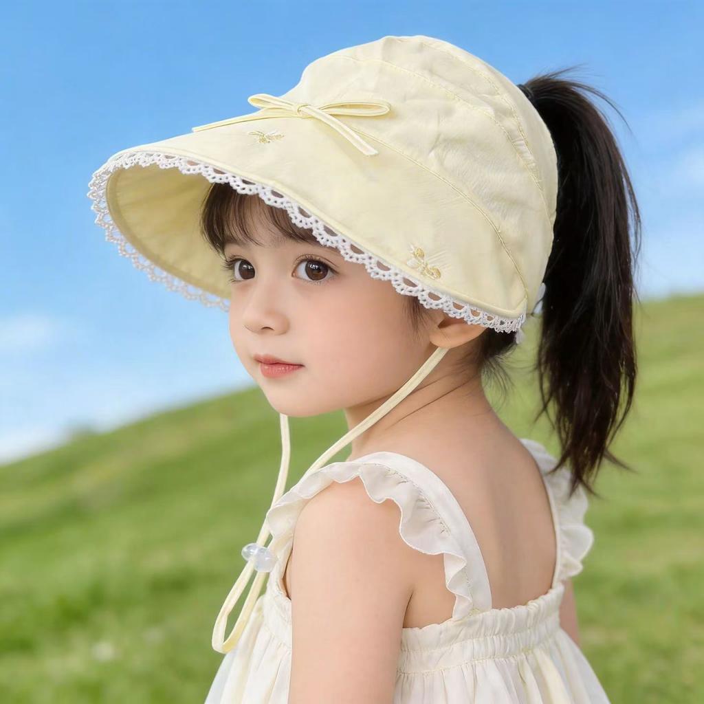 Princess Lace Trim Empty Top Hat for 3-8 Years Old Girls Spring Summer Sun Protection Cotton Linen Cord Fisherman Hat