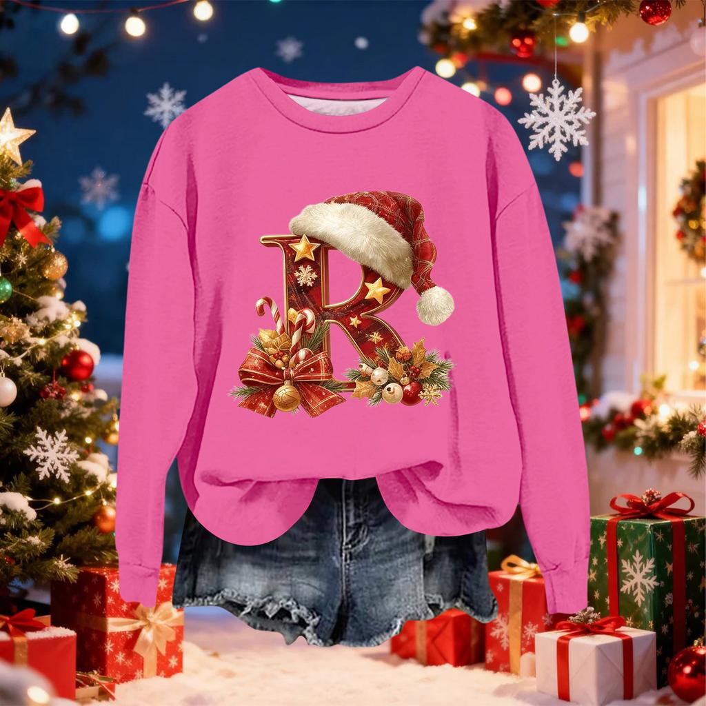 Damen Modisches Lässiges Langarm-Weihnachts-Sweatshirt mit Buchstaben-Print und Rundhalsausschnitt