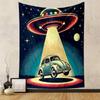 "Retro UFO Abducting Vintage Car" Patterned Tapestry Decorative Wall Hanging, Home Bedroom Living Room Decor