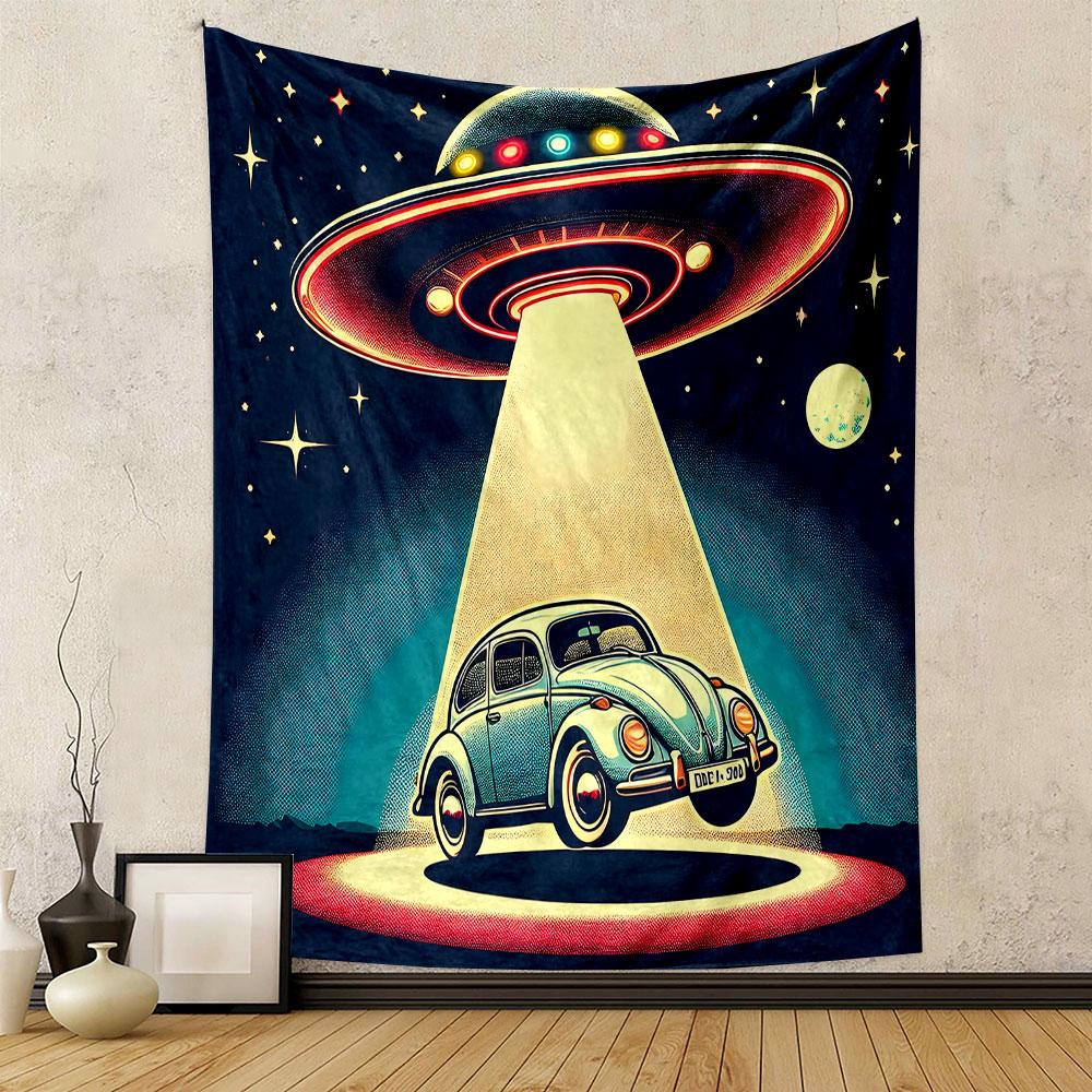 "Retro UFO Abducting Vintage Car" Patterned Tapestry Decorative Wall Hanging, Home Bedroom Living Room Decor