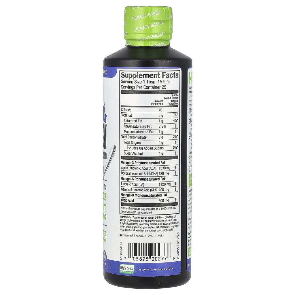 Barlean'S, Plant-Based Total Omega 3 6 9, Pomegranate Blueberry Smoothie Flavor, 3,980Mg, 454G(16Oz)