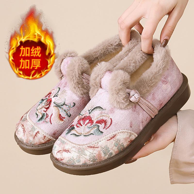 New Cotton Shoes Women's Velvet Thickened Warm Shoes Soft Sole One Pedal Comfortable Non-slip Thick Sole Embroidered Shoes