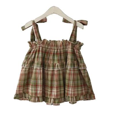 Yaz Kadın Vintage Atletler ve Kamisoller Bağcıklı Yeşil Crop Top Ekose Askılı Kolsuz Atletler Kıyafetler