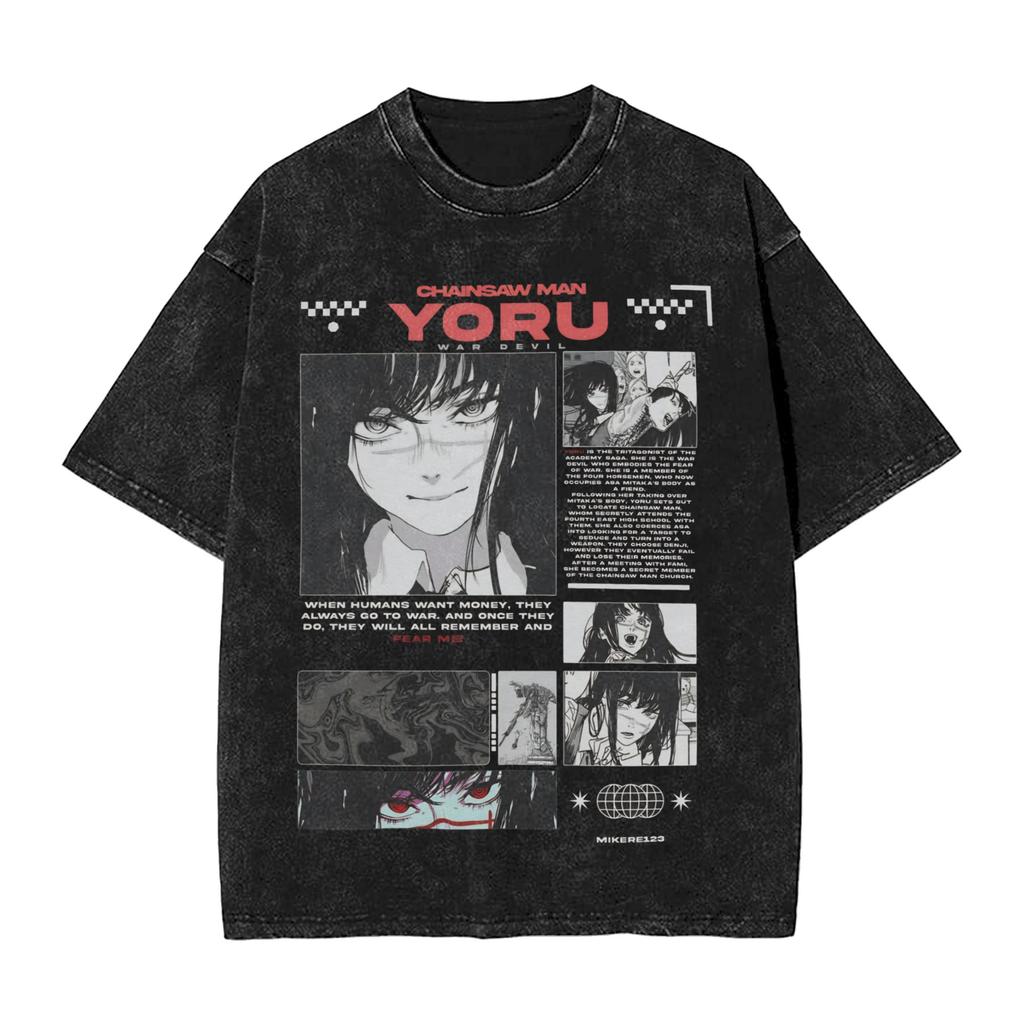 Anime Chainsaw Man Yoru T Shirt Hip Hop Gothic Washed Oversized TShirt Men Women Clothing Short Sleeve Cotton Tees Tops