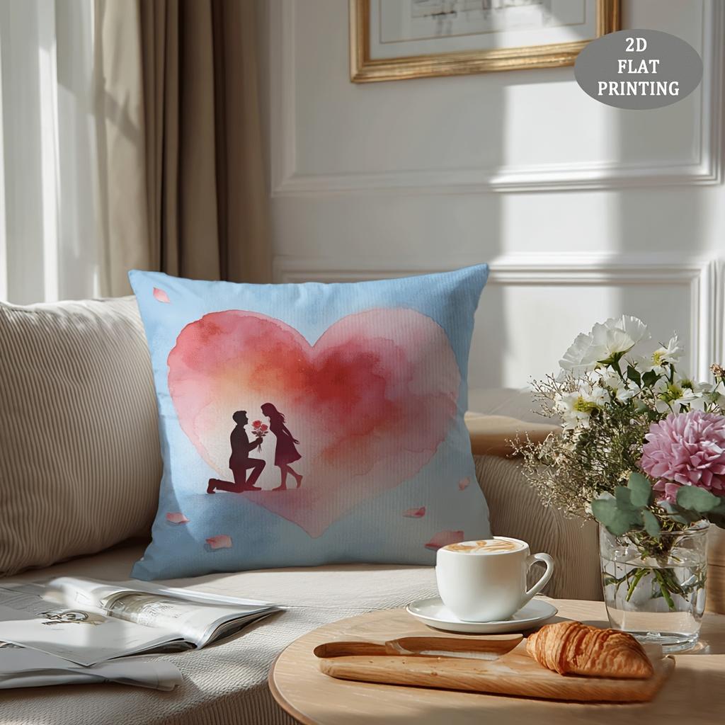 1pc Red Heart-Shaped Petal Pattern Plush Throw Pillow Cover | 2D Flat Printing, Single-Sided, 18x18 inch, Suitable for Sofa and Living Room Decor
