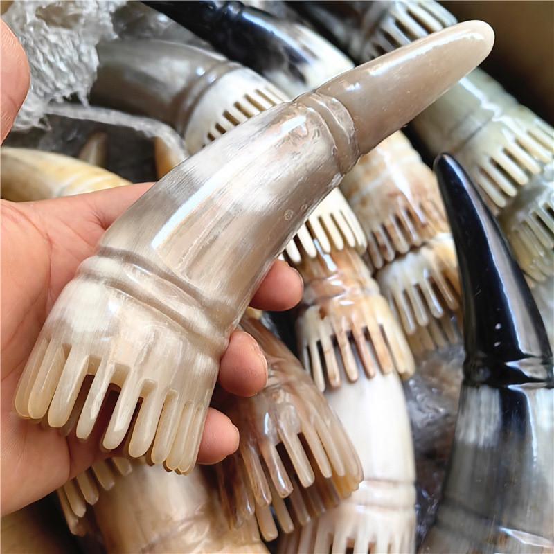 Thick Yellow Long-Handled Cow Horn Brush: Head Massager & Shampoo Comb