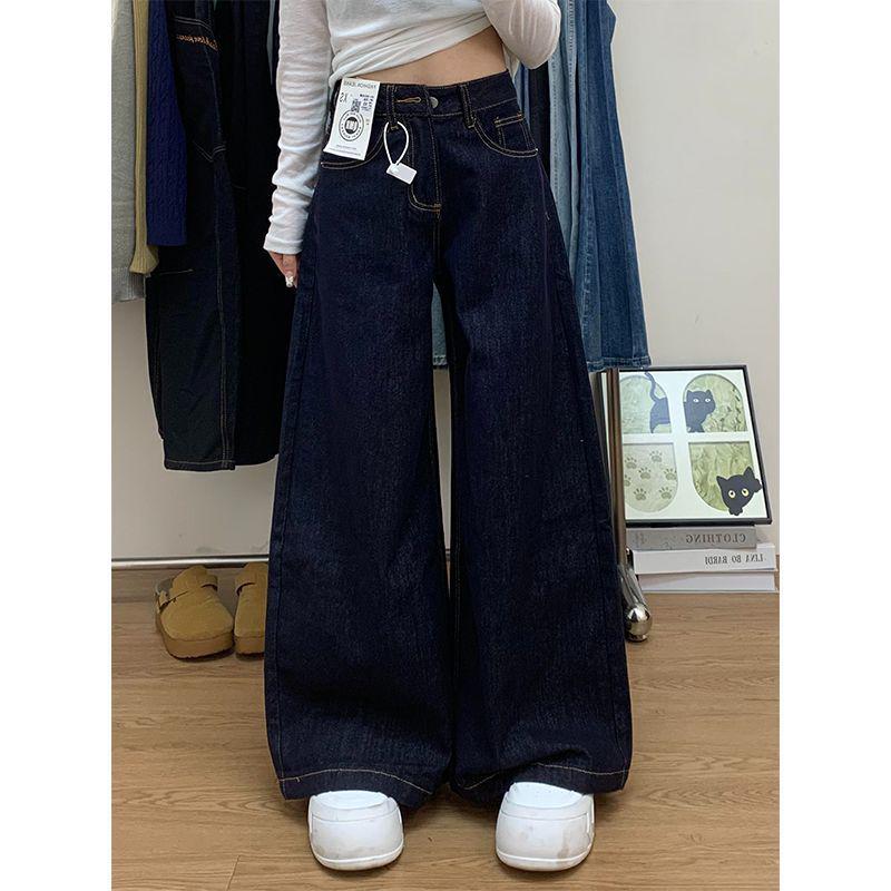 Women s Retro High-Waisted Dark Blue Wide-Leg Jeans - Winter Long, Loose & Slimming M
