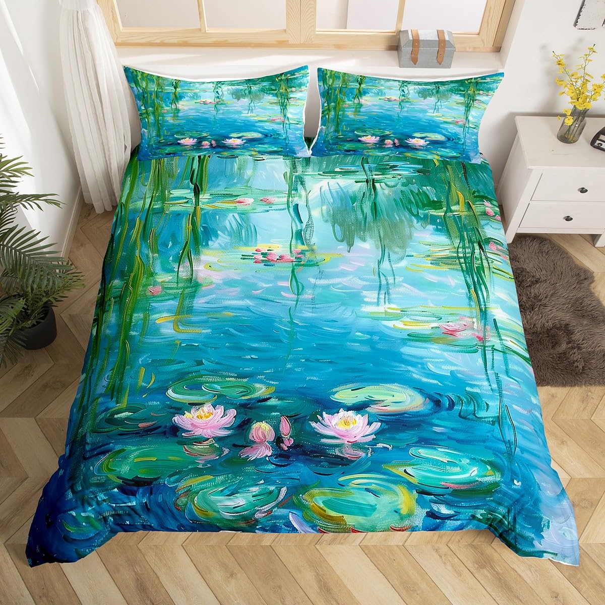 

Lotus Flower Duvet Cover Twin Size Nature Botanical Boho Comforter Cover White Blossom Floral Bedding Set Microfiber Quilt Cover EU Single(135x200cm)
