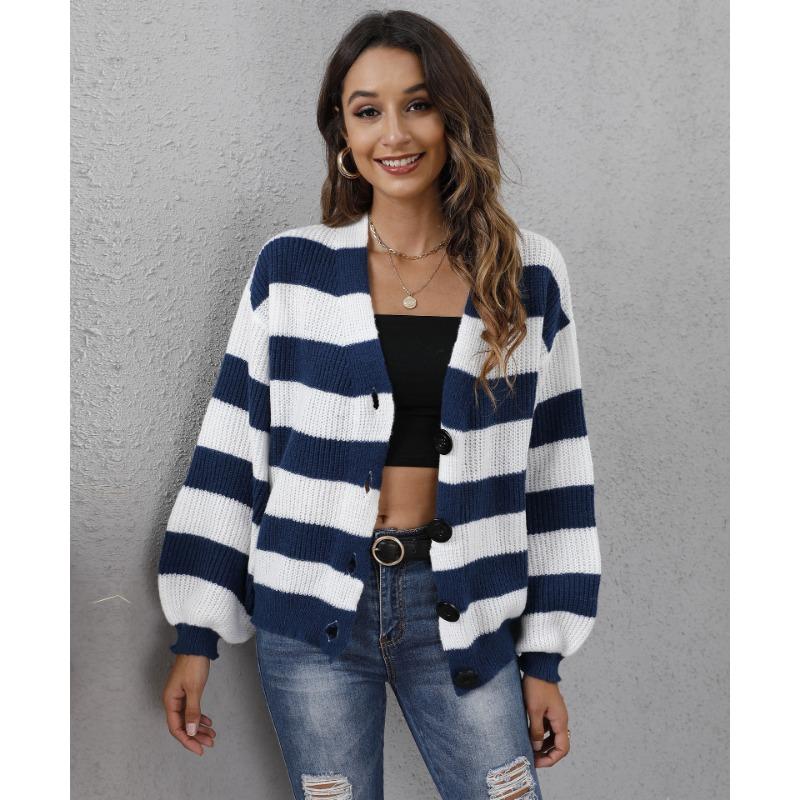 Cardigan de Toamnă/Iarnă pentru Femei, Dungi Contrastante, Nasturi, Patchwork, Pulover Tricotat