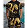 Men's 3D Golden Dragon Print Summer Set: Black Tee with Cloud Pattern & Matching Shorts. Cool Streetwear for Holiday & Daily Wear