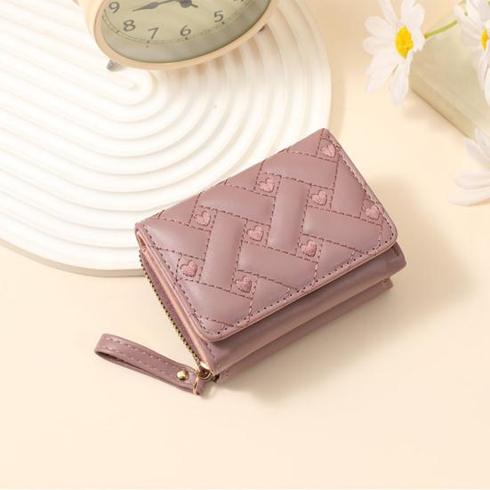 Women Stylish Tri-Fold Wallet Embroidered Heart Cash Wallet Mini Card Holder Wallet with Zippered Coin Pocket for Dating Shopping
