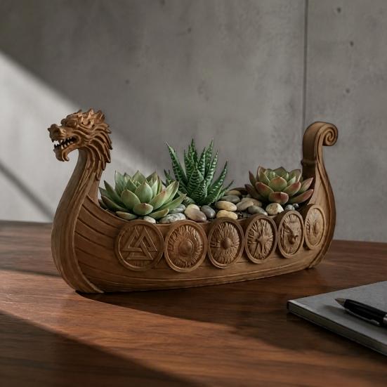 Zahradní Balkonová Rostlinná Dekorace Viking Longship Květináč, Dračí Loď Vnitřní Držák na Kaktusy Dekorativní Vzdušný Květináč Vzdušné Rostliny, Rustikální Severský