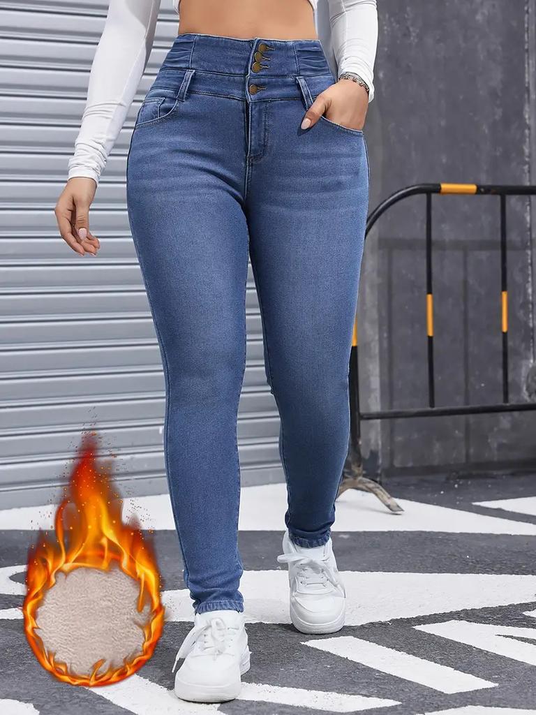 Kvinnor Tjocka Varma Jeansbyxor Hög Midja Knappar Byxor Smal Passform Pennbyxor Casual Enfärgade Fickor Jeans Slida Liten Stretch
