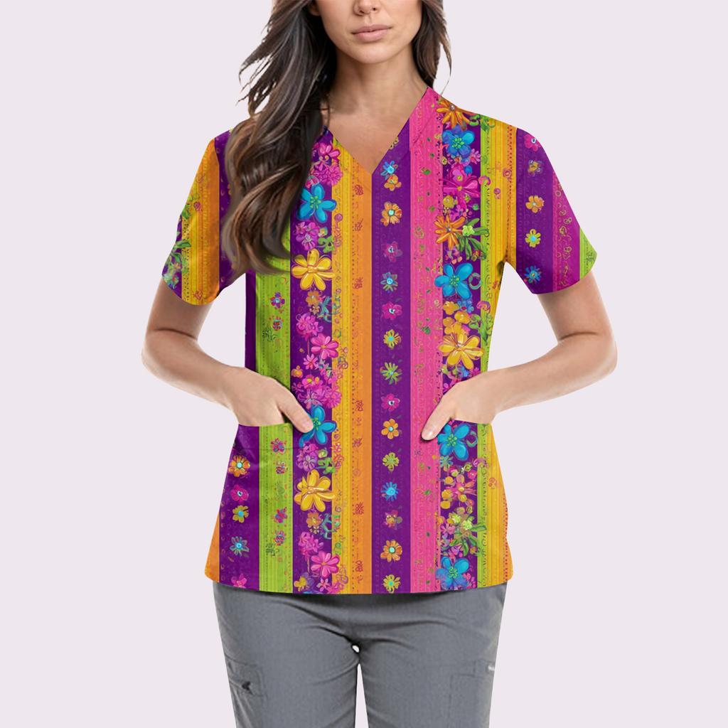 Süße bedruckte Arbeitskleidung für Damen, V-Ausschnitt, doppellagige Taschen, Basic, kurzärmeliges Oberteil, Pullover, Valentinstag