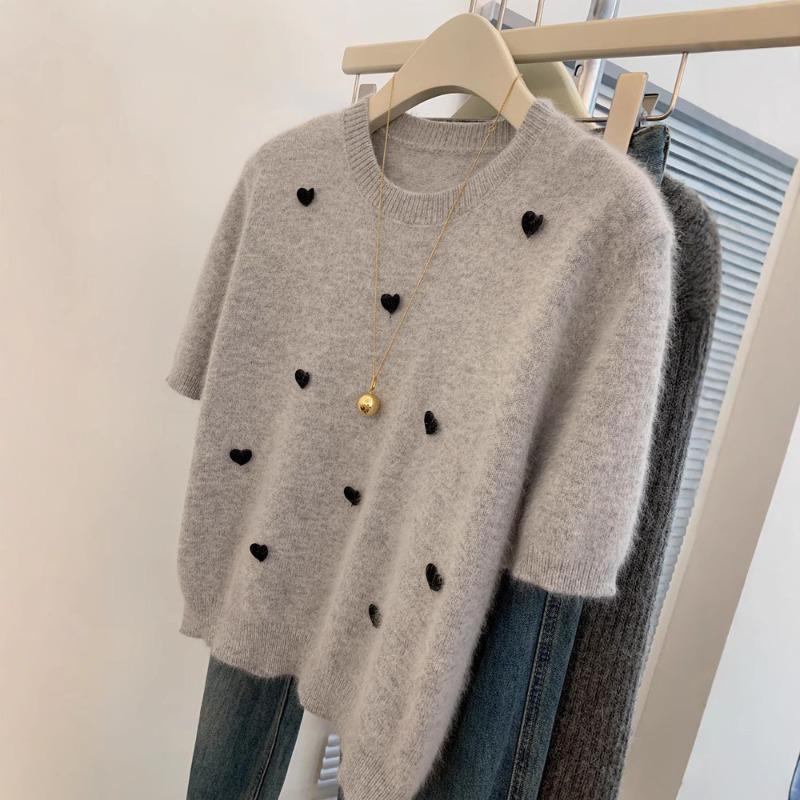 Grey Sweater Short-sleeved Unique Temperament Knitted Sweater Top Women's Small Short Front Shoulder T-shirt Love