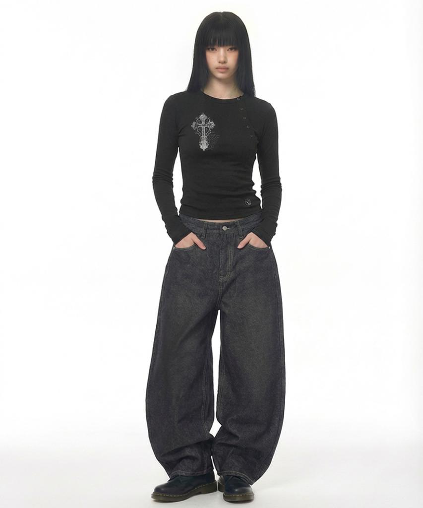 Damiswi Vintage Cross Asymmetric Button Long Sleeve_Black