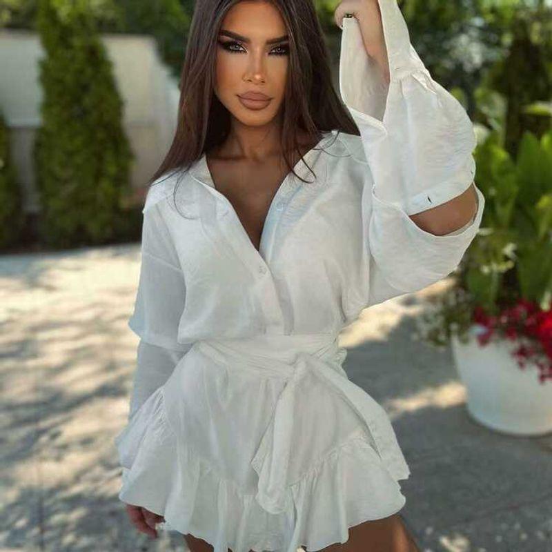 Fashion Style New Vacation Long Sleeves Patchwork Shirt Ruffles Mid-Length Dress Set Shirt and Skirt Set