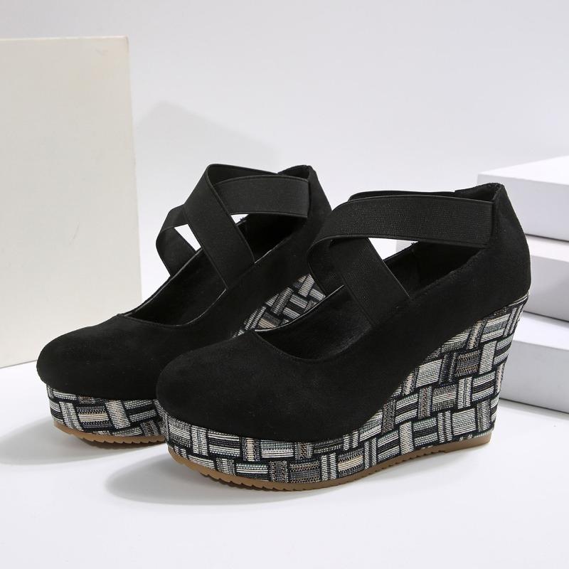 

Туфли на танкетке Весна Новые Круглый носок С мелким вырезом Замшевые Водонепроницаемая Платформа Противоскользящие Износостойкие Высокие каблуки 40