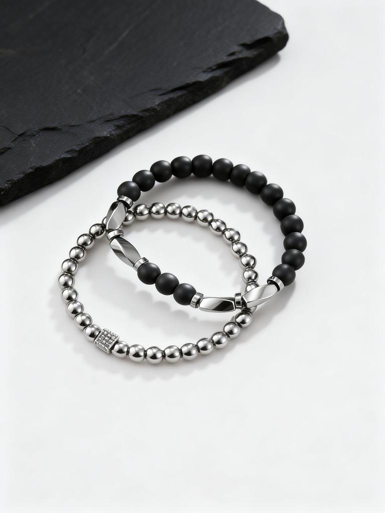 2pcs Hematite Bracelet for Men Boys,Black Gallstone Elastic Beaded Bracelet,Yoga Healing Jewelry Gift