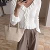 Autumn Women's Elegant Ruffle Trim V-Neck Long Sleeve Slim Fit Ribbed Knitted Tops Blouse
